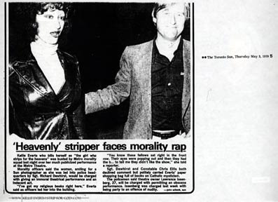 Kellie Everts, the Stripper for God arrested in Toronto, Canada for alledged immorality charges she was later acquitted from.  Newspaper clipping from the Toronto Sun