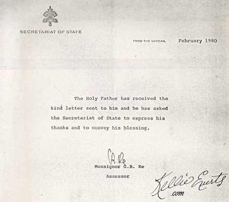 Certificate of gratitude from Vatican  pontifcate on behalf of the Holy Father Pope John Paul II addressed to Kellie Everts in gratitude for her letter and religious work.